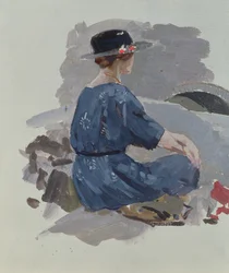 Femme en robe bleue et chapeau à large bord assise sur des rochers